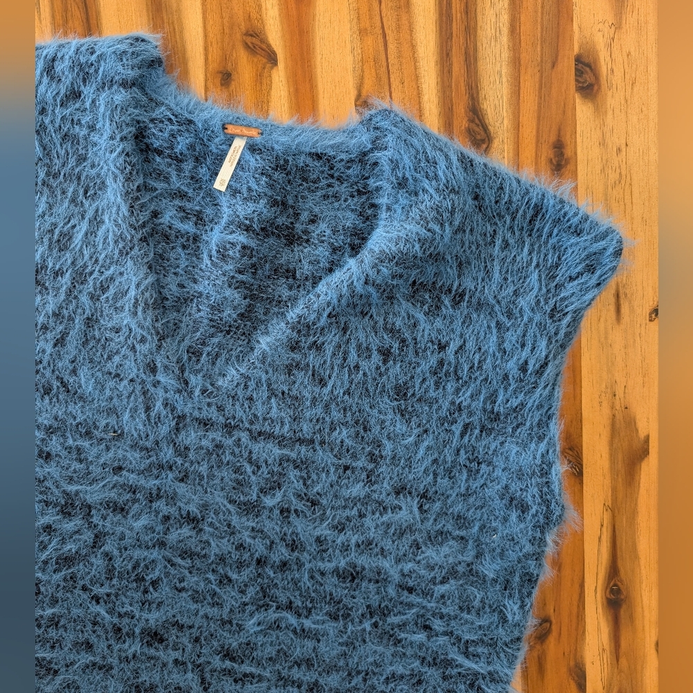Free People Fuzzy V-Neck Sweater in Blue